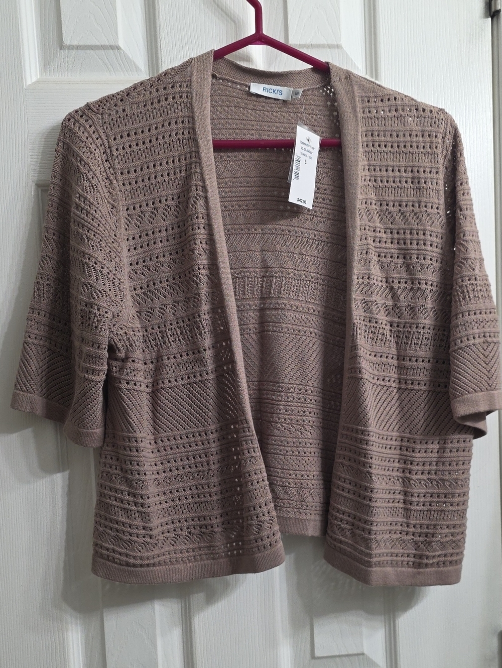 NWT Ricki's Taupe Short Sleeve Crochet Knit Open Cardigan - size L